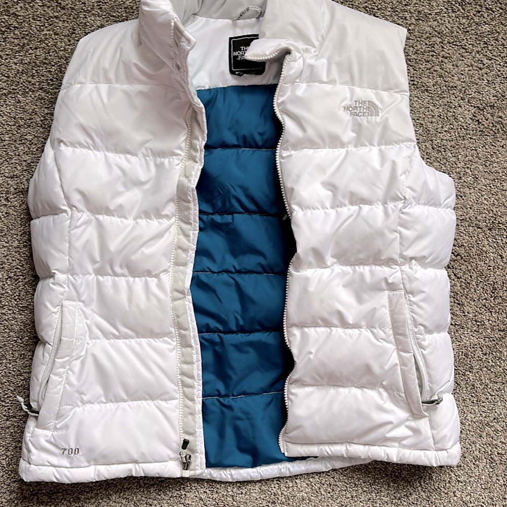 Women’s The North Face vest, Large, color White with teal inside, 700 series